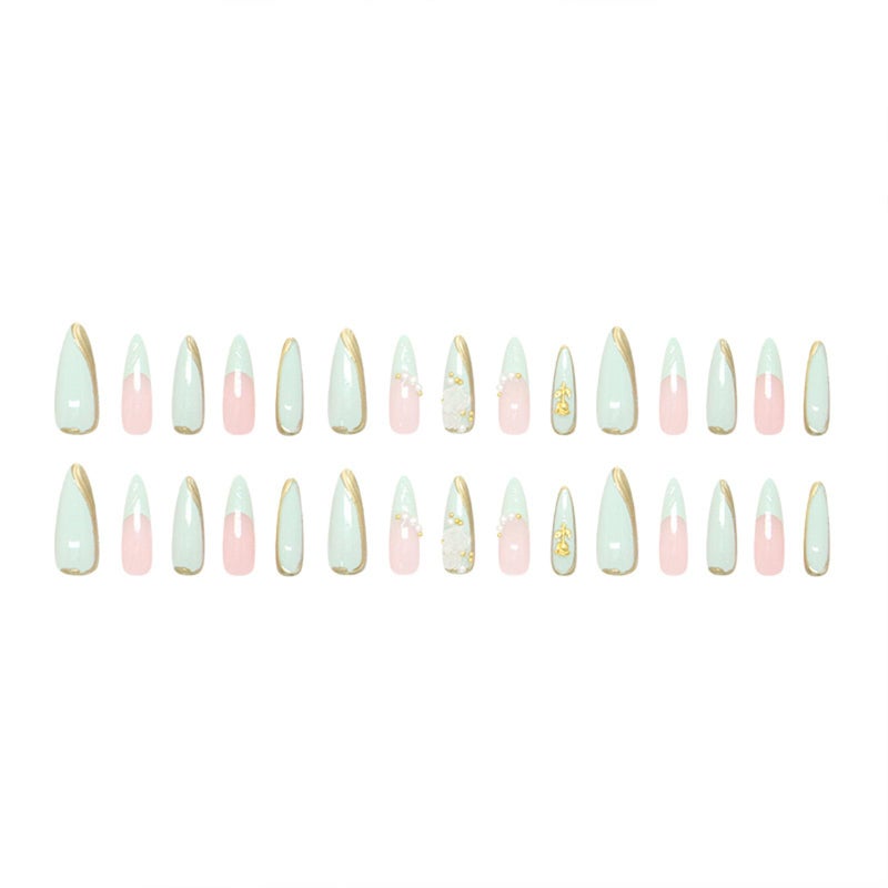 SINHOT Stiletto Press on Nails Long - Green Fake Nails Glossy Glue on Nails 3D Gold Rose Acrylic Nail Supplies White Pearls Almond Artificial Nail Art Stick on False Nail with Design DIY 24 pcs - Image 3